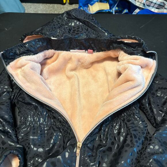 Penelope Mack Girls 7 Black Leopard Print Hooded Jacket Fleece Lined Winter Coat - Picture 2 of 4